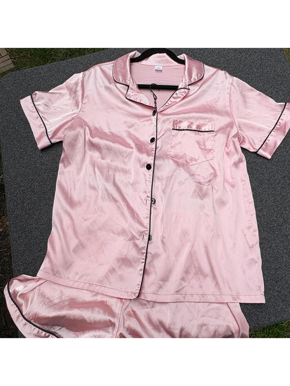 Pink Satin Pajama Set with Black Piping - Short Sleeve Top and Shorts